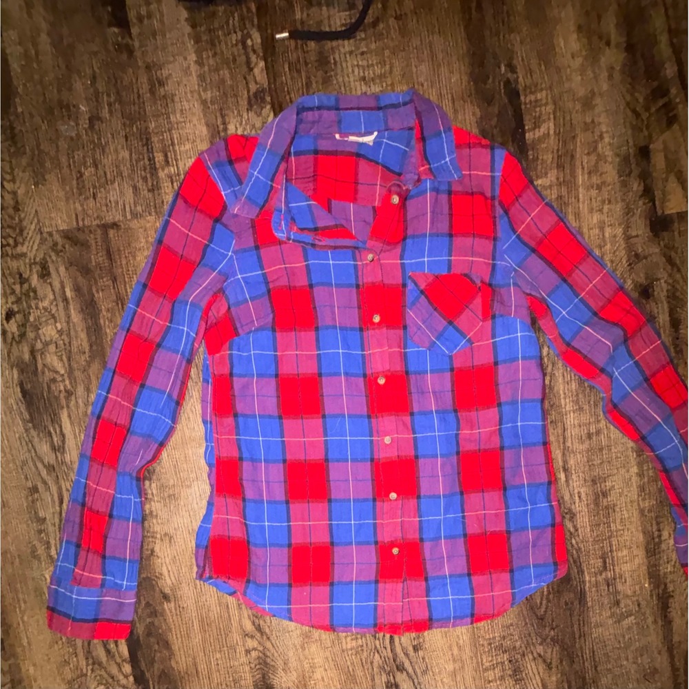 Merona Womens Red Blue Plaid Flannel Button Down Shirt Long Sleeve Small S/P